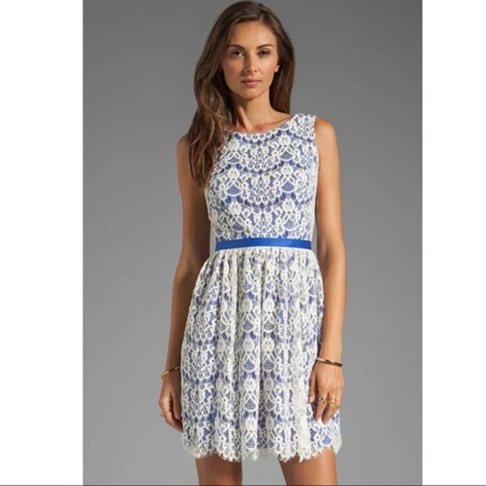 Shoshanna Lace Sleeveless Dress Size 4 Blue Cream - Picture 4 of 8